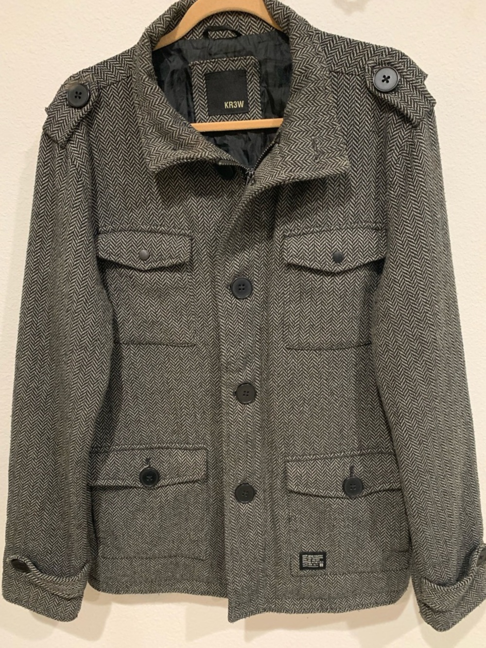 KR3W Manchester Gray Herringbone Peacoat, Military Field Jacket, Skater Coat, L